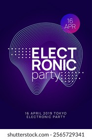 Edm Design. Techno Poster. Concert Cover. Soundwave Audio Invitation. Dance Festival Graphic. Pink Sound Flyer. Green Night Club Banner. Violet Edm Design