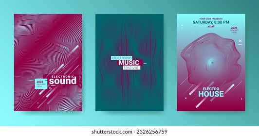 Edm Dj Flyer. Electro Sound Poster. Techno Dance Cover. Vector 3d Background. Psychedelic Abstract Dj Flyer. Minimal Fest Banner. Gradient Wave Circle. Futuristic Abstract Dj Flyer Set.