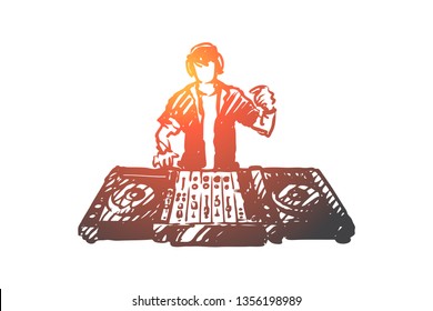 EDM, DJ, party, music, club concept. Hand drawn DJ play music on EDM party concept sketch. Isolated vector illustration.