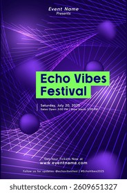 EDM or Electronoic Dance Music festival poster with neon purple and blue tones, dynamic wave patterns. Futuristic, Technology abstract background.