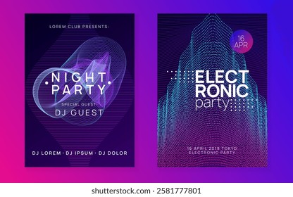 Edm Event. Blue Sound Magazine. Pink Music Banner. Party Design. Night Club Trance Element. Festival Invite. Psychedelic Disco Illustration. Violet Edm Event