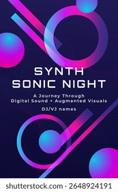 EDM-Veranstaltungsplakat mit leuchtenden geometrischen Farbverläufen, abstrakten Formen und moderner Typografie. Perfekt für Synthwave-Partys, digitale Musikfeste oder VJ-Auftritte.