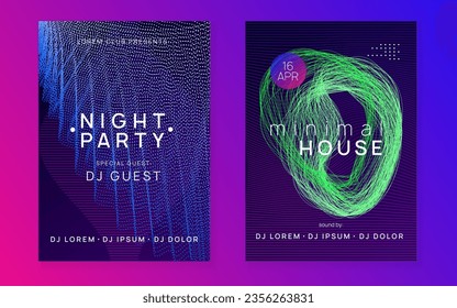 Edm flyer. Creative discotheque invitation set. Dynamic fluid shape and line. Neon edm flyer. Electro trance music. Techno dj party. Electronic sound event. Club dance poster.