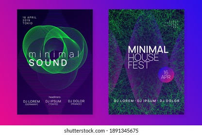 Edm flyer. Curvy concert magazine set. Dynamic fluid shape and line. Neon edm flyer. Electro trance music. Techno dj party. Electronic sound event. Club dance poster.