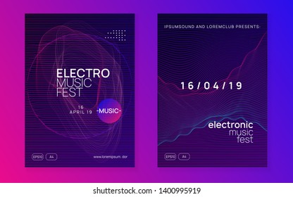 Edm flyer. Dynamic fluid shape and line. Trendy discotheque invitation set. Neon edm flyer. Electro trance music. Techno dj party. Electronic sound event. Club dance poster.