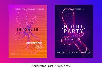 Edm flyer. Dynamic fluid shape and line. Trendy concert brochure set. Neon edm flyer. Electro trance music. Techno dj party. Electronic sound event. Club dance poster.