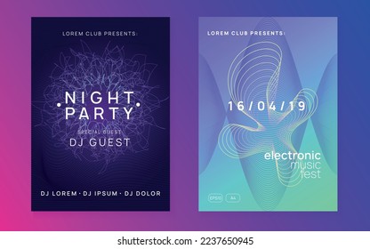 Edm flyer. Dynamic fluid shape and line. Energy show invitation set. Neon edm flyer. Electro trance music. Techno dj party. Electronic sound event. Club dance poster.