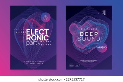 Edm flyer. Dynamic fluid shape and line. Commercial discotheque magazine set. Neon edm flyer. Electro trance music. Techno dj party. Electronic sound event. Club dance poster.