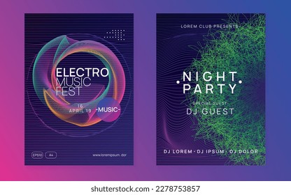 Edm flyer. Dynamic fluid shape and line. Geometric discotheque brochure set. Neon edm flyer. Electro trance music. Techno dj party. Electronic sound event. Club dance poster.