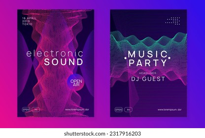 Edm flyer. Modern discotheque brochure set. Dynamic fluid shape and line. Neon edm flyer. Electro trance music. Techno dj party. Electronic sound event. Club dance poster.