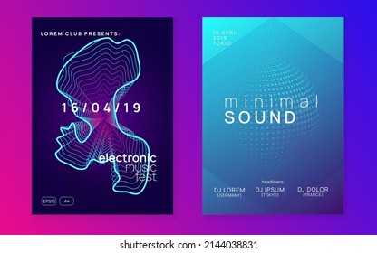 Edm flyer. Modern show invitation set. Dynamic fluid shape and line. Neon edm flyer. Electro trance music. Techno dj party. Electronic sound event. Club dance poster.