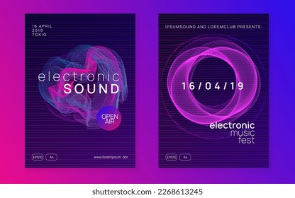 Edm flyer. Wavy discotheque banner set. Dynamic fluid shape and line. Neon edm flyer. Electro trance music. Techno dj party. Electronic sound event. Club dance poster.