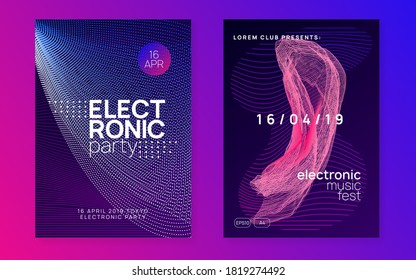 Edm flyer. Wavy discotheque magazine set. Dynamic fluid shape and line. Neon edm flyer. Electro trance music. Techno dj party. Electronic sound event. Club dance poster.