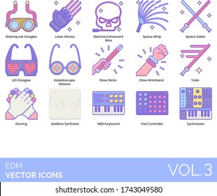 EDM icons including steampunk goggles, laser gloves, electroluminescent wire, space whip, saber, LED, kaleidoscope glasses, glow stick, wristband, trails, gloving, additive synthesis, midi keyboard.