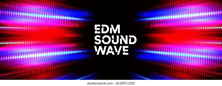 EDM Sound Wave Background With Neon Light Effect In Red, Pink, Blue Colors On Dark Gradient. Abstract Music Vibes, Party Energy, Audio Visual Equalizer Design. Vector Illustration