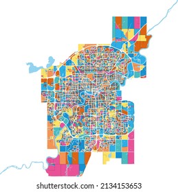 Edmonton, Alberta, Canada colorful high resolution vector art map with city boundaries. White outlines for main roads. Many details. Blue shapes for water. 