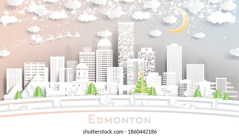 Edmonton Canada City Skyline in Paper Cut Style with Snowflakes, Moon and Neon Garland. Vector Illustration. Christmas and New Year Concept. Santa Claus on Sleigh.