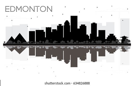 Edmonton City Skyline Black And White Silhouette With Reflections. Vector Illustration. Simple Flat Concept For Tourism Presentation, Banner, Placard Or Web Site. Business Travel Concept. 