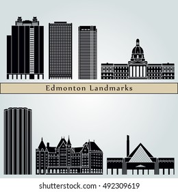 Edmonton landmarks and monuments isolated on blue background in editable vector file