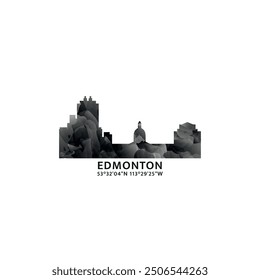 Edmonton panorama, vector badge, skyline logo and icon. Canada,  Alberta province city horizon logotype with landmarks and building silhouettes. Isolated foggy abstract gradient graphic