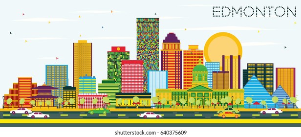 Edmonton Skyline With Color Buildings And Blue Sky. Vector Illustration. Business Travel And Tourism Concept With Modern Buildings. Image For Presentation Banner Placard And Web Site.