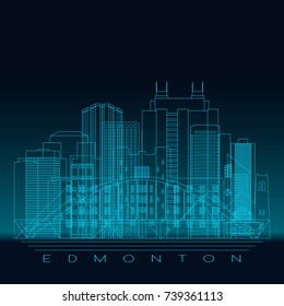 Edmonton skyline, detailed silhouette. Modern vector illustration, blue linear style.