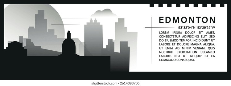 Edmonton skyline vector banner, black and white minimalistic cityscape silhouette. Canada Alberta province city horizontal graphic, travel infographic, monochrome layout for website