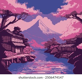 Edo Period Countryside during Spring Season Pixel Art Poster Illustration