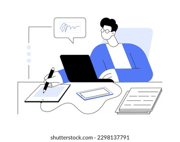 E-documents abstract concept vector illustration. Businessman signs e-document using tablet and stylus, legal company documentation, corporate paperwork, modern technology abstract metaphor.