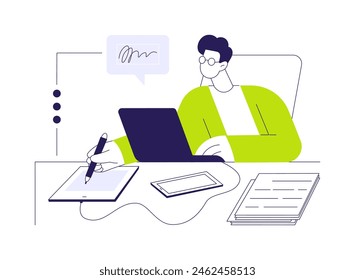 E-documents abstract concept vector illustration. Businessman signs e-document using tablet and stylus, legal company documentation, corporate paperwork, modern technology abstract metaphor.