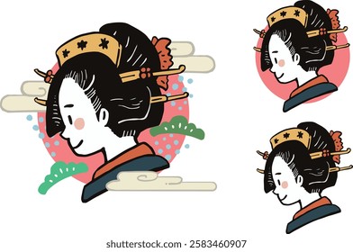 Edo-period style profile illustration set of women with kanzashi inserted