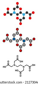 EDTA (ethylenediaminetetraacetic acid) complexing agent molecule. Used in treatment of lead poisoning and in descaling solutions to remove limescale. Stylized 2D renderings & conventional line formula