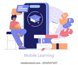 Edtech concept. Digital education transformation through mobile learning platforms. Students accessing courses and resources online. Vector illustration.