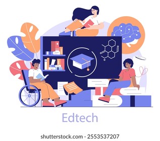 Edtech concept. Diverse students engaged in online learning with digital devices and educational icons. Inclusive education and technology integration. Vector illustration.