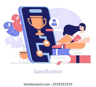 Edtech concept. Engaged student learning through gamification app with progress rewards. Digital education with interactive elements. Vector illustration.