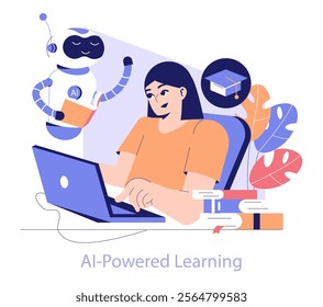 Edtech concept. An illustration capturing the interaction between a student using a laptop and a friendly AI robot assisting with education. Tech-infused learning experience. Vector illustration.