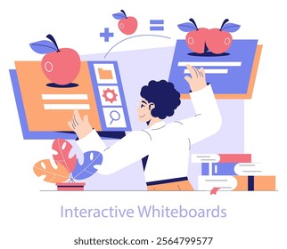 Edtech concept. Interactive learning and digital classroom tools highlighted by a figure using virtual whiteboards. Optimizing modern education experience. Vector illustration.