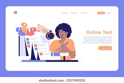 Edtech concept. Student takes an online test with a countdown timer, exemplifying modern e-learning solutions. Time management in digital education. Vector illustration.