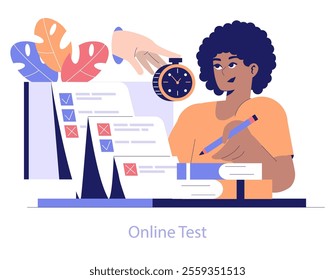 Edtech concept. Student undertaking an online test with a ticking clock signaling limited time. Efficient assessment in digital education. Vector illustration.