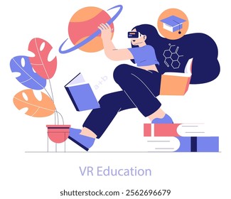 Edtech concept. Student using virtual reality for immersive learning experience with educational icons. Digital interactive education. Vector illustration.