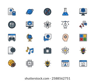 EdTech and Digital Learning Innovation. Online Education, Virtual Classrooms, and E-Learning. Vector Illustration. FIlled line icon set
