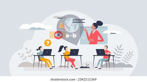 EdTech digital learning as kids technology education tiny person concept. School teacher for online skills and ability to understand web browser or internet cyberspace innovations vector illustration