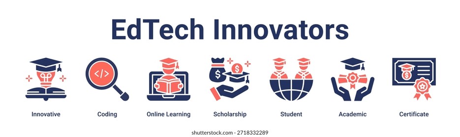 EdTech Innovators banner web icon vetor ilustração conceito para a educação com ícone de Inovador, Codificação, Aprendizagem Online, Bolsa de Estudo, Estudante, Acadêmico.