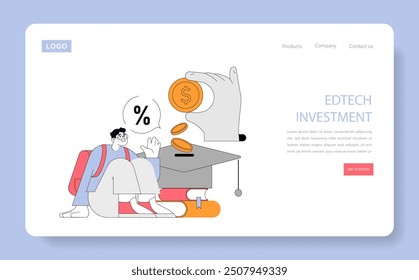 Edtech Investment concept. An illustration of a student engaging with financial aspects of education technology. Funding opportunities in digital learning. Vector illustration.