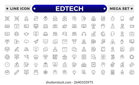 Edtech outline icon set representing online education and virtual learning. Includes icons of students, teachers, laptops, graduation caps, certificates, video tutorials, and e-learning too.
