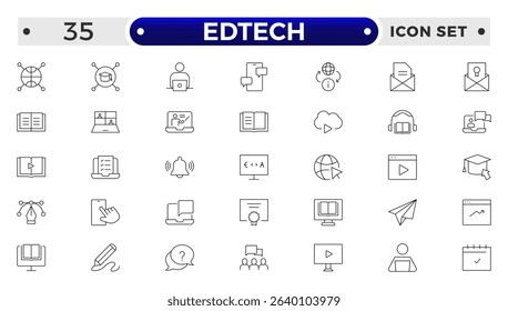 Edtech outline icon set representing online education and virtual learning. Includes icons of students, teachers, laptops, graduation caps, certificates, video tutorials, and e-learning too.

