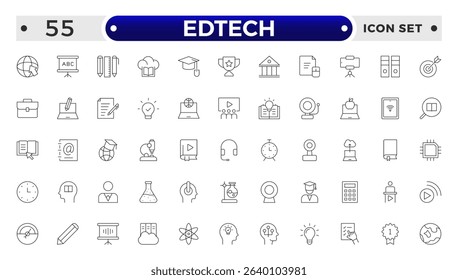 Edtech outline icon set representing online education and virtual learning. Includes icons of students, teachers, laptops, graduation caps, certificates, video tutorials, and e-learning too.
