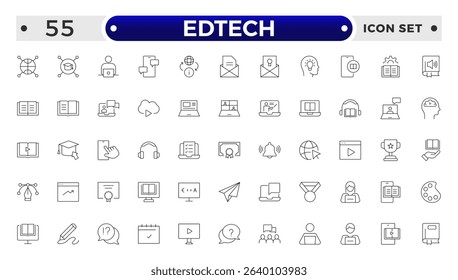 Edtech outline icon set representing online education and virtual learning. Includes icons of students, teachers, laptops, graduation caps, certificates, video tutorials, and e-learning too.
