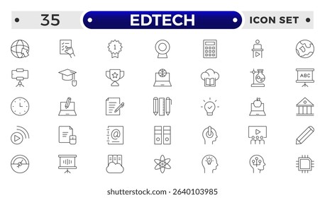 Edtech outline icon set representing online education and virtual learning. Includes icons of students, teachers, laptops, graduation caps, certificates, video tutorials, and e-learning too.
