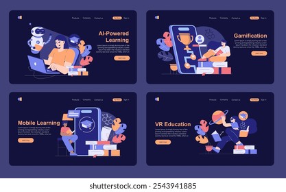 Conjunto Edtech. Ferramentas de aprendizagem digital com IA, gamificação, aplicativos móveis e tecnologia VR. Educação interativa com gráficos envolventes. Ilustração vetorial.